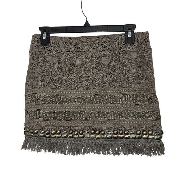 Brown Lace Fringe Beaded Mini Skirt. Leshop. Size Small. - Picture 2 of 7